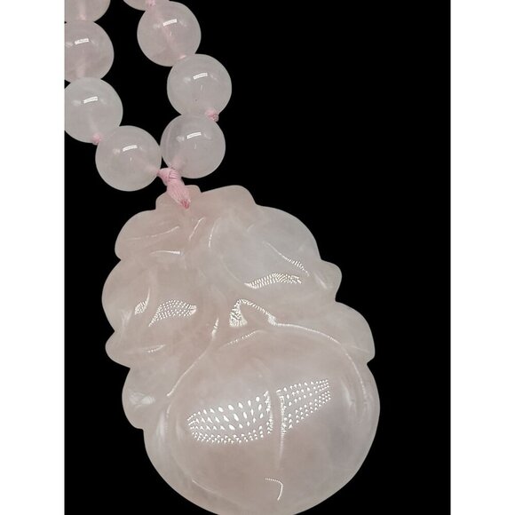 Chinese Rose Quartz Hand Knotted Mala Lotus Design Necklace 28" Vintage - Picture 15 of 16